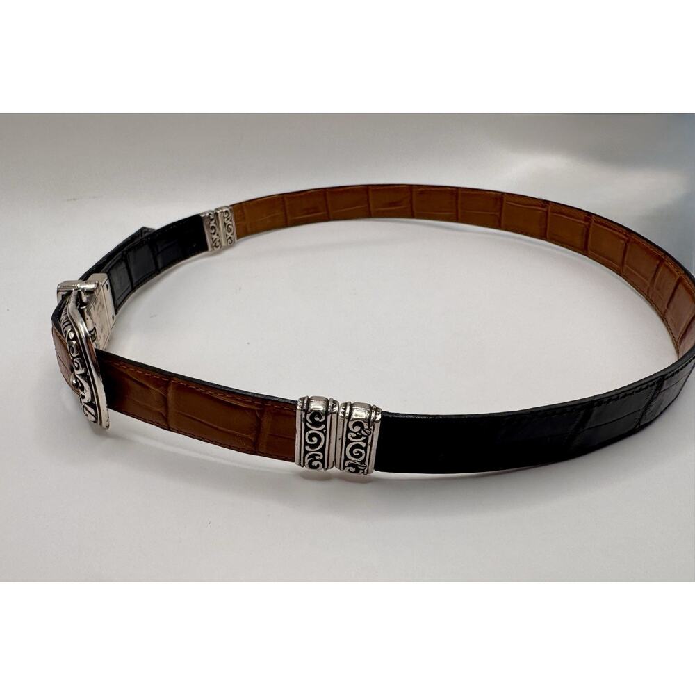 Reversible Brighton Style Leather Belt XL Brown Navy Croc Embossed Scroll Buckle
